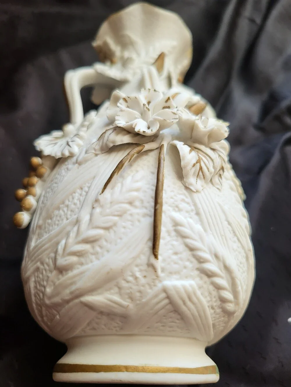 Textured White Bisque Ceramic Floral 6 Inch Vase with Grapes And Wheat